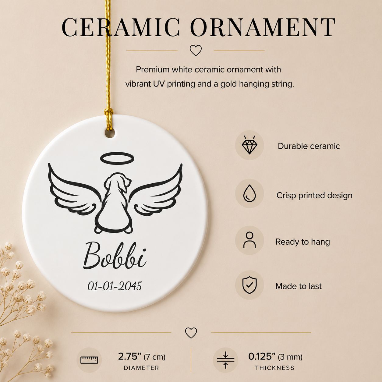 Close-up of personalised dog memorial ornament with name and date — ceramic sympathy gift for pet owners