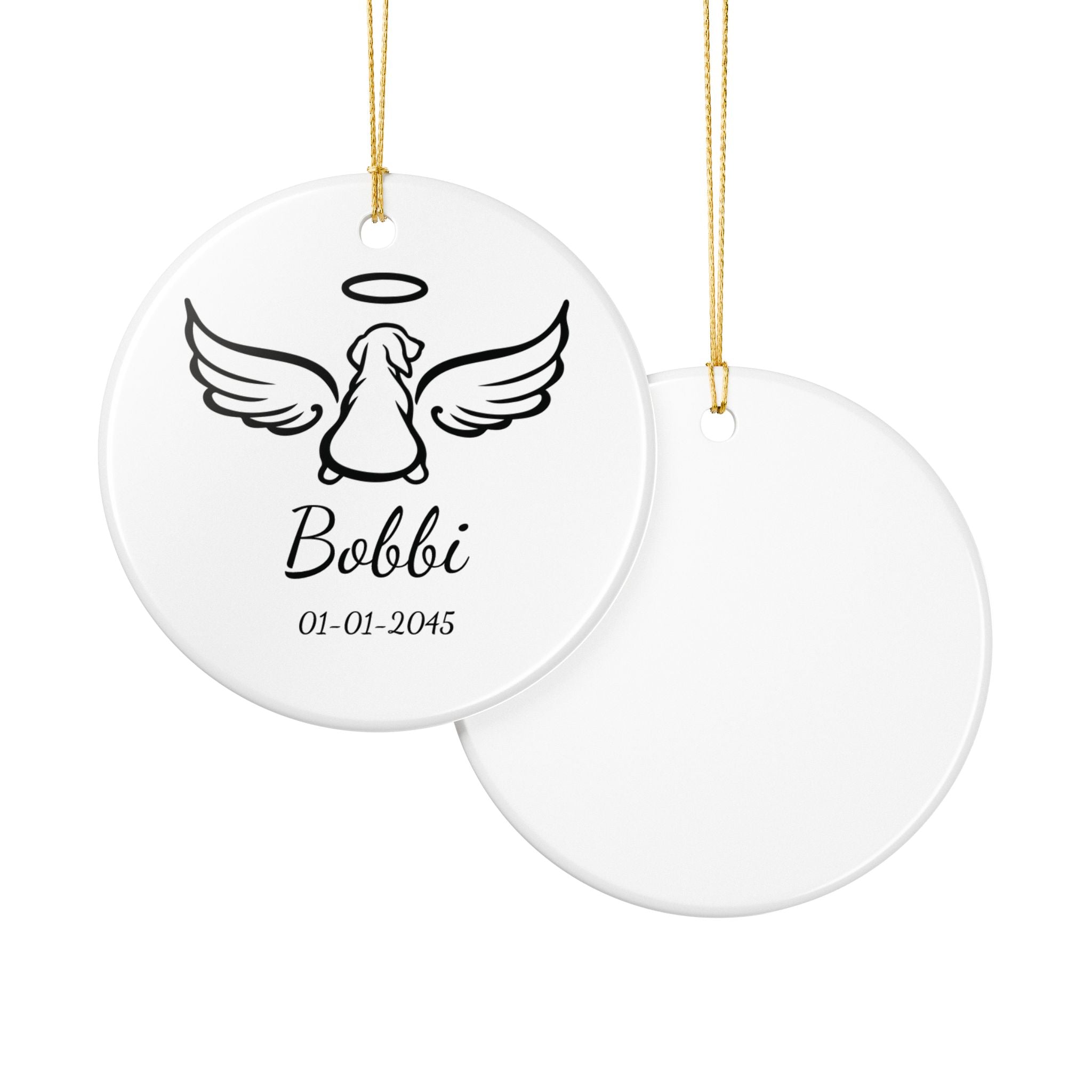 Dog memorial ornament on white background — round ceramic pet remembrance keepsake with gold hanging string