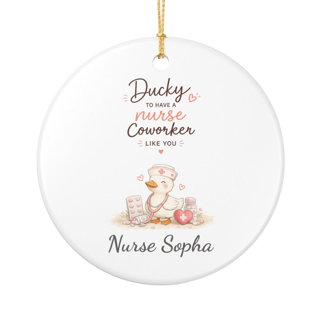 Personalised ducky nurse coworker ceramic ornament — cute duck nurse illustration with custom nurse name