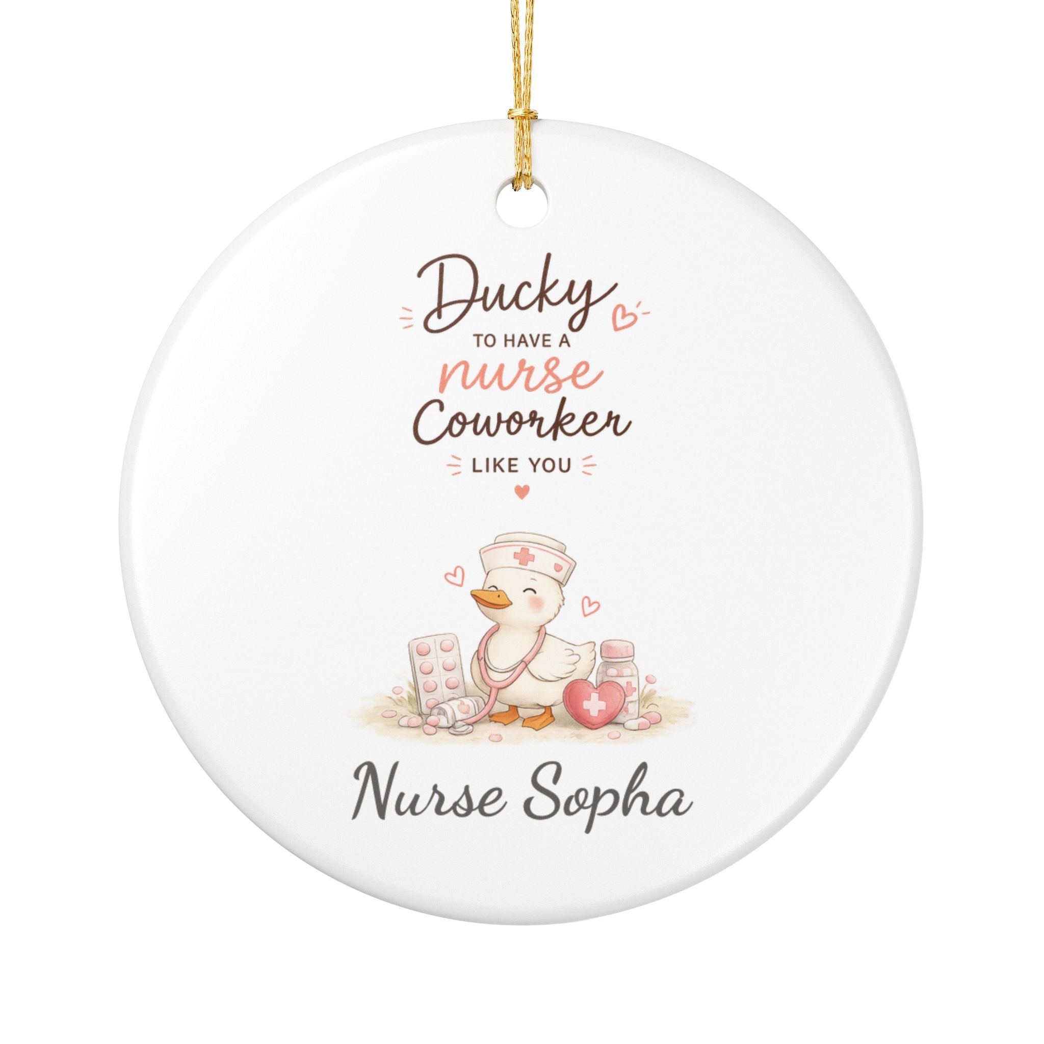 Personalised ducky nurse coworker ceramic ornament — cute duck nurse illustration with custom nurse name