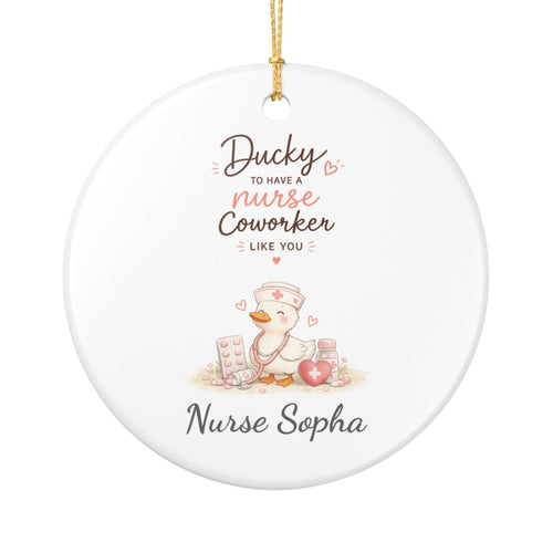 Personalised ducky nurse coworker ceramic ornament — cute duck nurse illustration with custom nurse name
