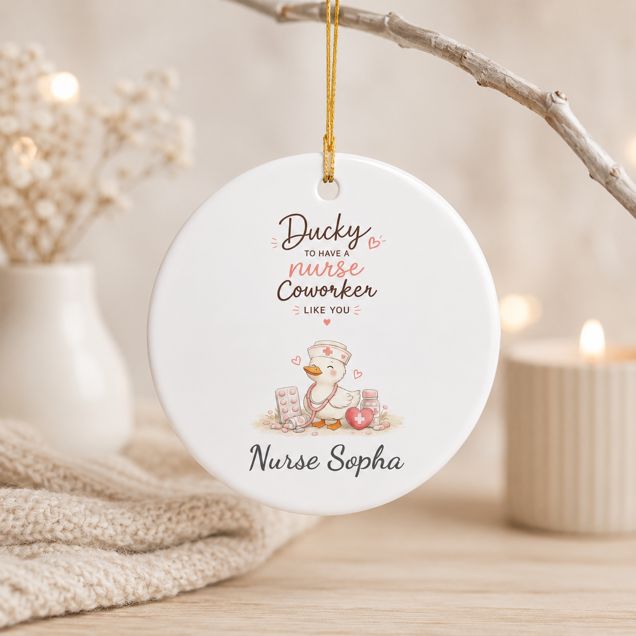 Ducky nurse ornament infographic — durable ceramic, crisp print, ready to hang, made to last