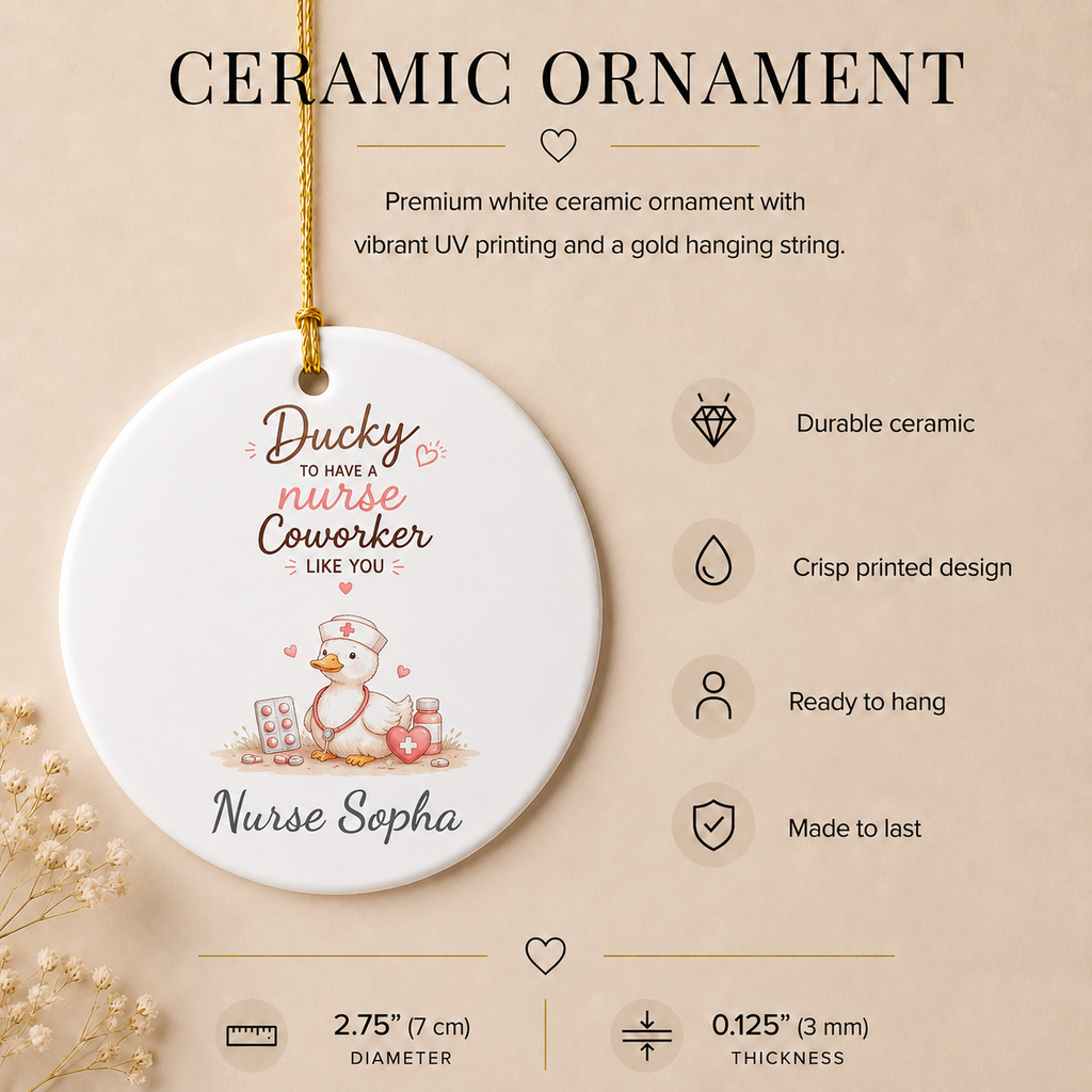 Ducky nurse coworker ornament spec sheet — 2.75 inch UV printed personalised nurse gift
