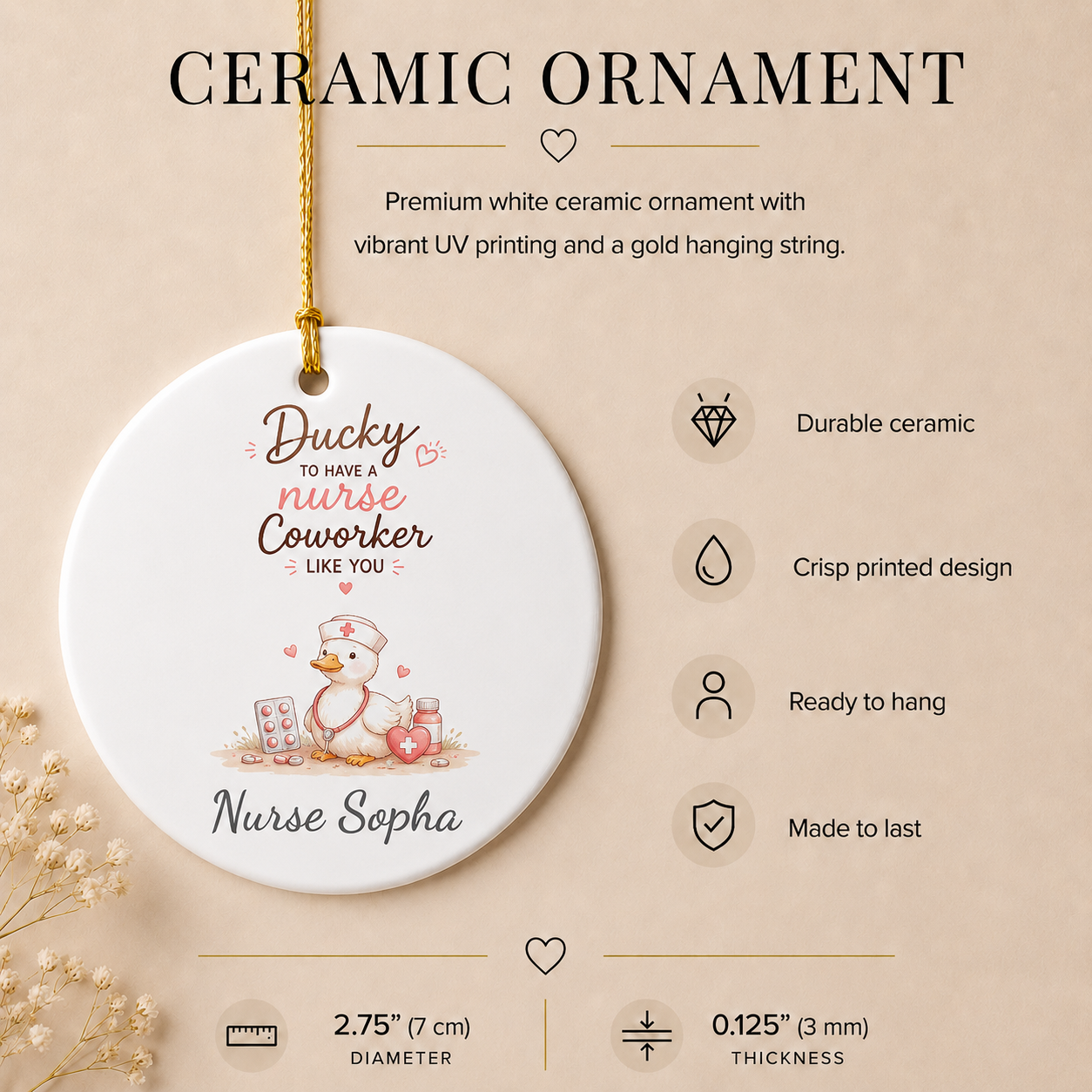 Ducky nurse coworker ornament spec sheet — 2.75 inch UV printed personalised nurse gift