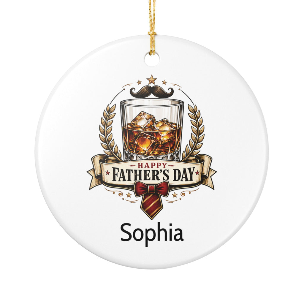 Personalised Happy Father's Day ceramic ornament with whisky illustration — custom name gift for dad with gold hanging string