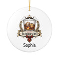 Personalised Happy Father's Day ceramic ornament with whisky illustration — custom name gift for dad with gold hanging string