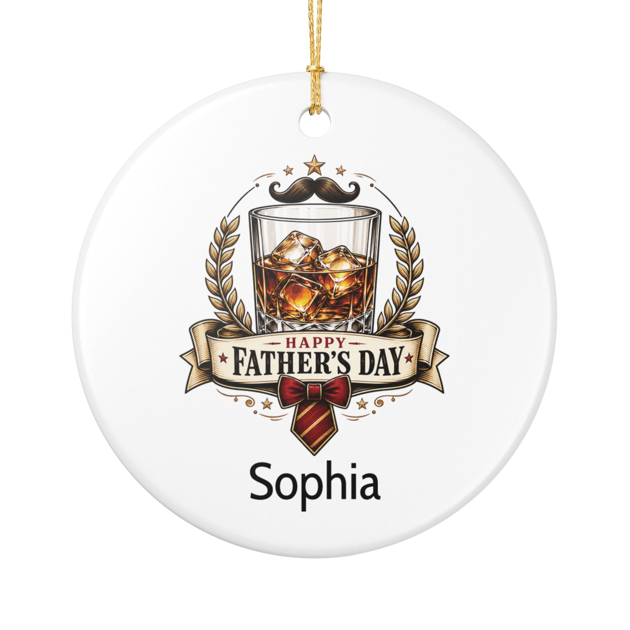 Personalised Happy Father's Day ceramic ornament with whisky illustration — custom name gift for dad with gold hanging string