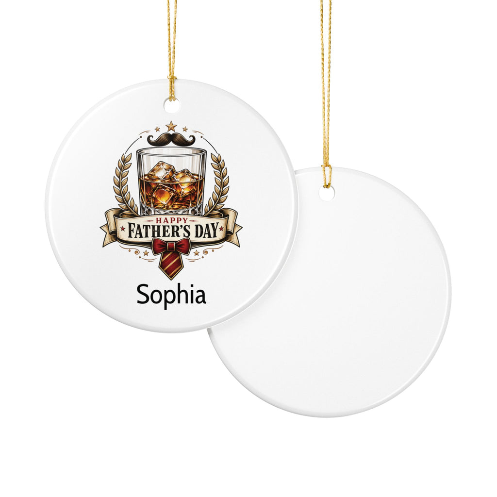Father's Day personalised ornament reverse or packaging shot — round white ceramic whisky keepsake gift