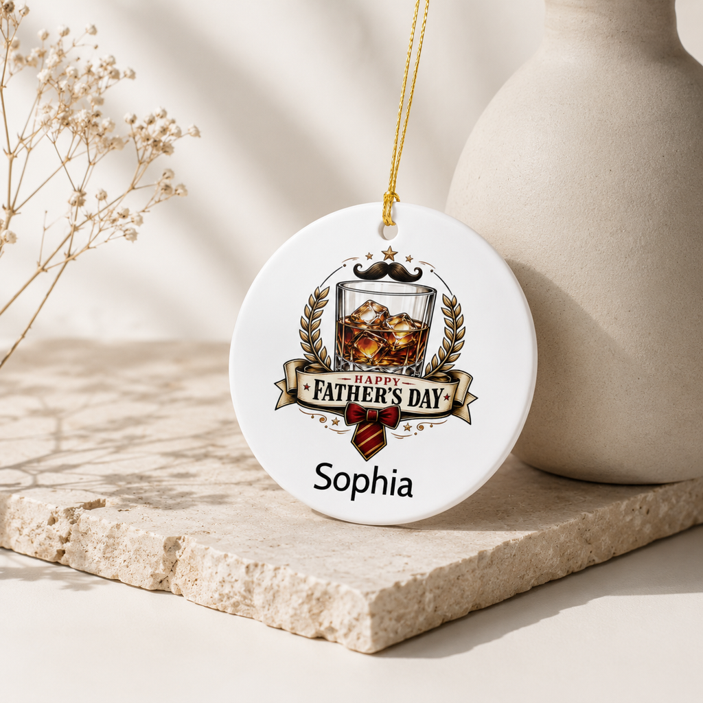 Happy Father's Day whisky ceramic ornament spec sheet — 2.75 inch diameter UV printed personalised keepsake