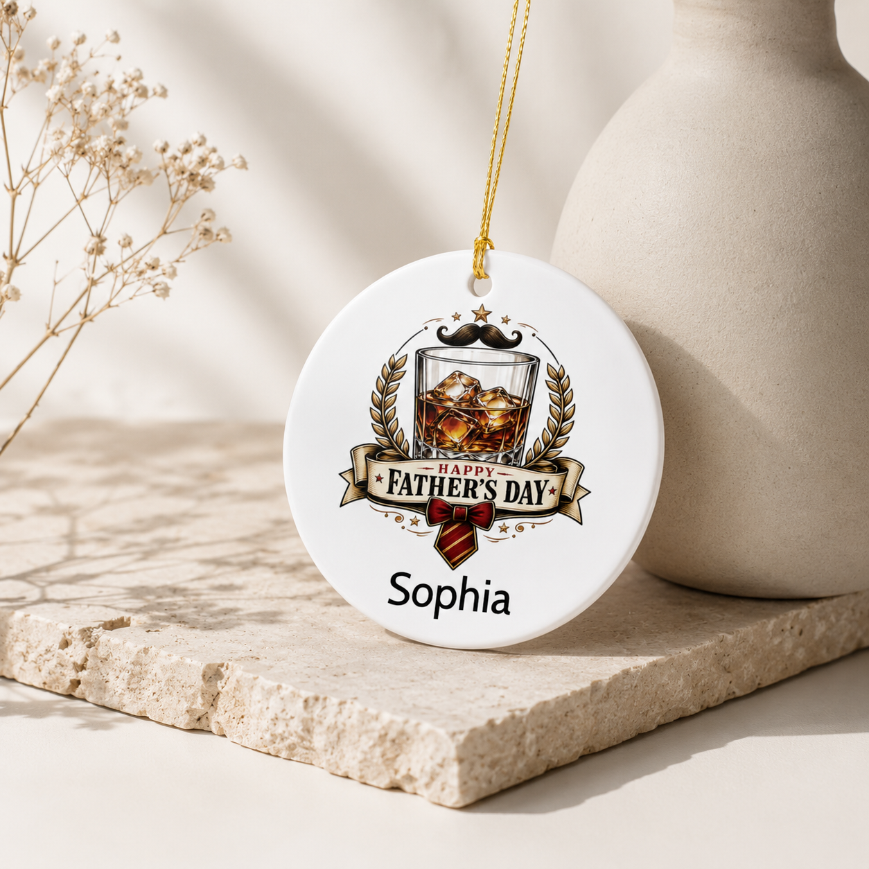 Happy Father's Day whisky ceramic ornament spec sheet — 2.75 inch diameter UV printed personalised keepsake