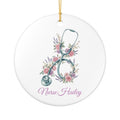 Personalised floral nurse stethoscope ceramic ornament — watercolour roses and lavender with custom nurse name in purple script