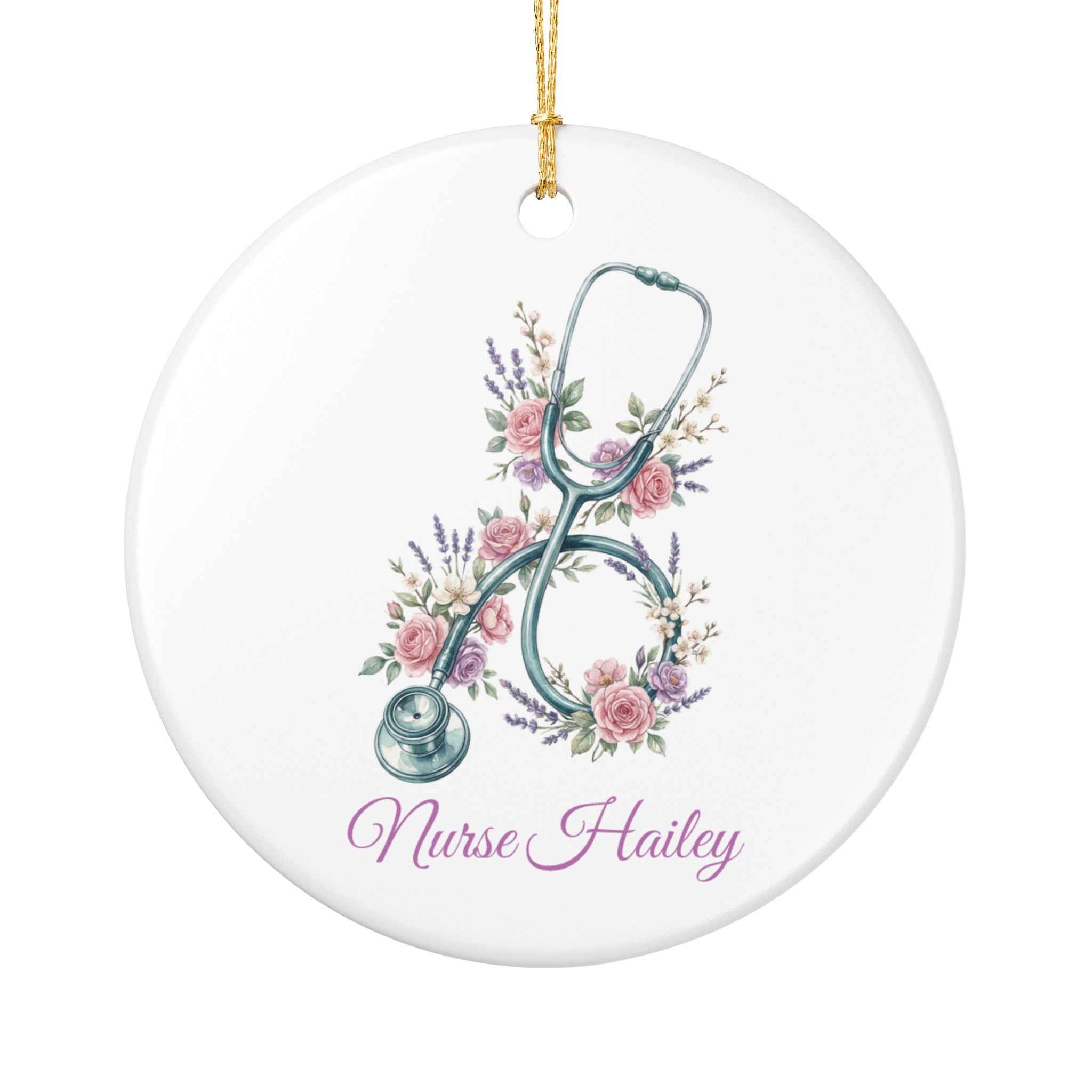 Personalised floral nurse stethoscope ceramic ornament — watercolour roses and lavender with custom nurse name in purple script