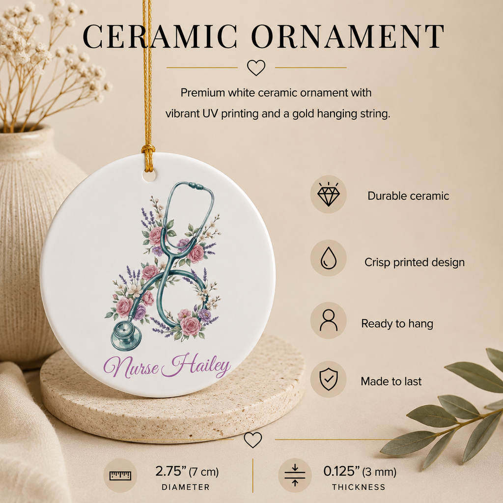 Floral nurse ornament infographic — durable ceramic, crisp print, ready to hang, made to last