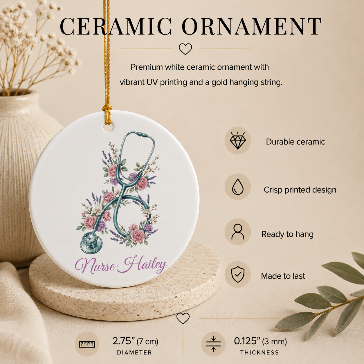 Floral nurse ornament infographic — durable ceramic, crisp print, ready to hang, made to last