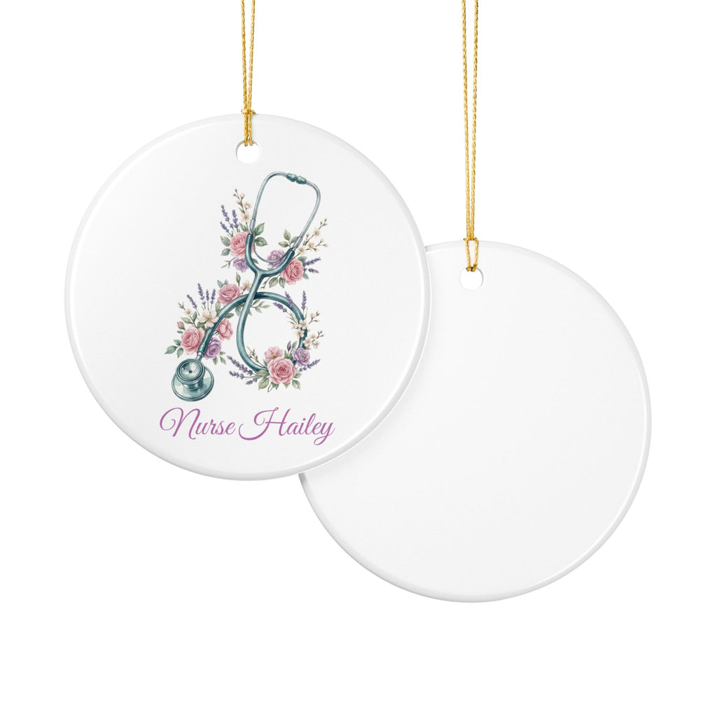 Floral nurse ornament lifestyle shot — round white ceramic watercolour keepsake nurse gift with gold hanging string
