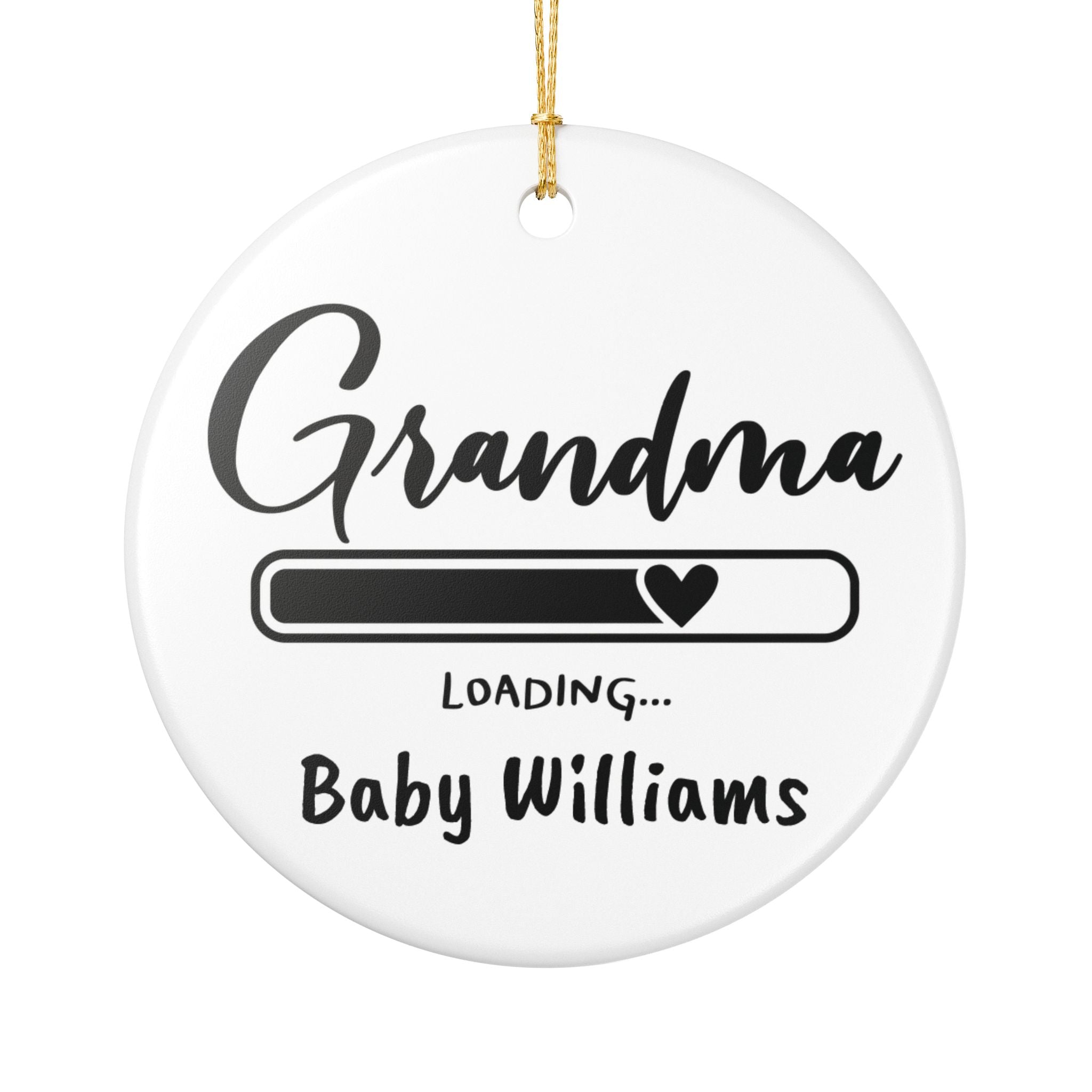 Grandma Loading personalised ceramic ornament with baby surname — pregnancy announcement keepsake gift