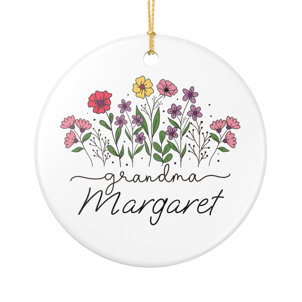 Personalised grandma wildflower ceramic ornament with custom name Margaret in bold script on white