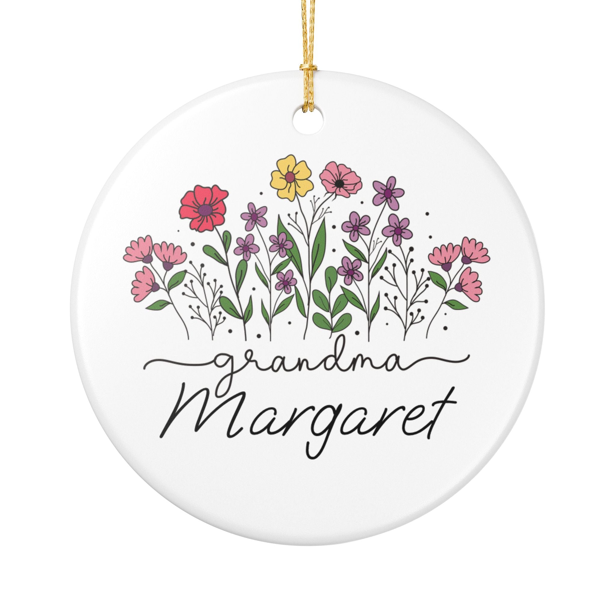Personalised grandma wildflower ceramic ornament with custom name Margaret in bold script on white