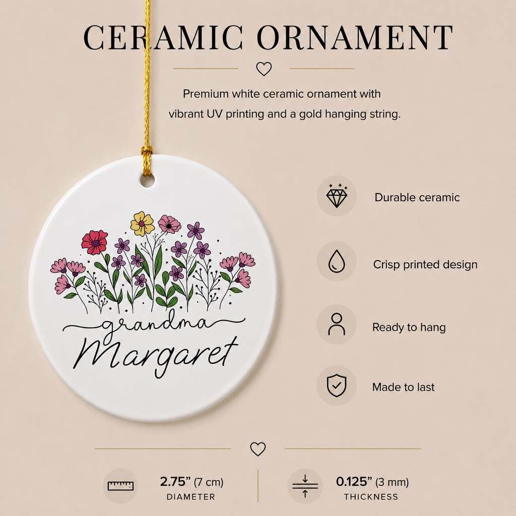 Close-up of grandma wildflower ornament with colourful blooms and gold hanging string — personalised ceramic keepsake