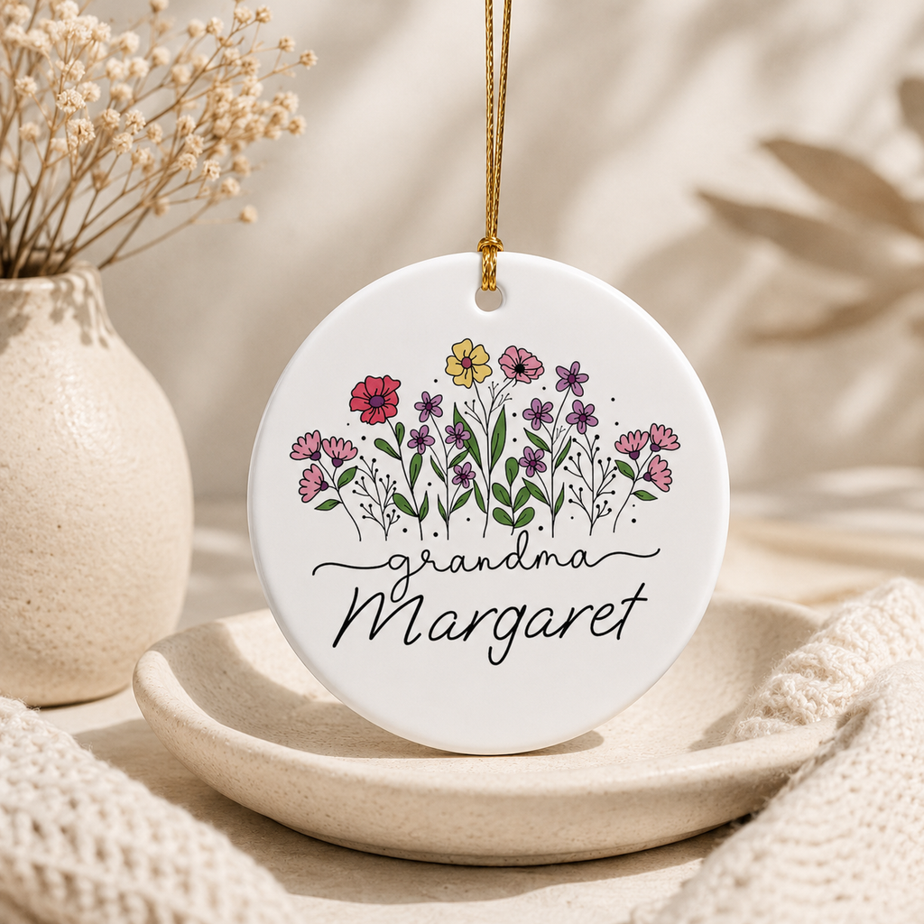 Grandma wildflower ceramic ornament size and spec sheet — 2.75 inch UV printed personalised grandmother gift