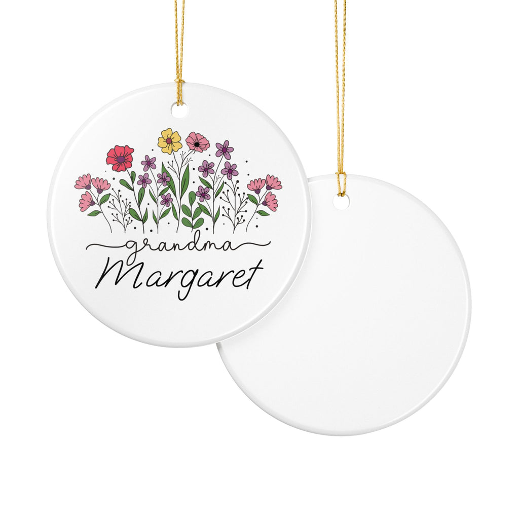 Grandma wildflower ornament on white background — round ceramic keepsake gift for grandmother