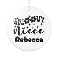 Groovy Niece personalised ceramic ornament with custom name in retro black typography with daisies