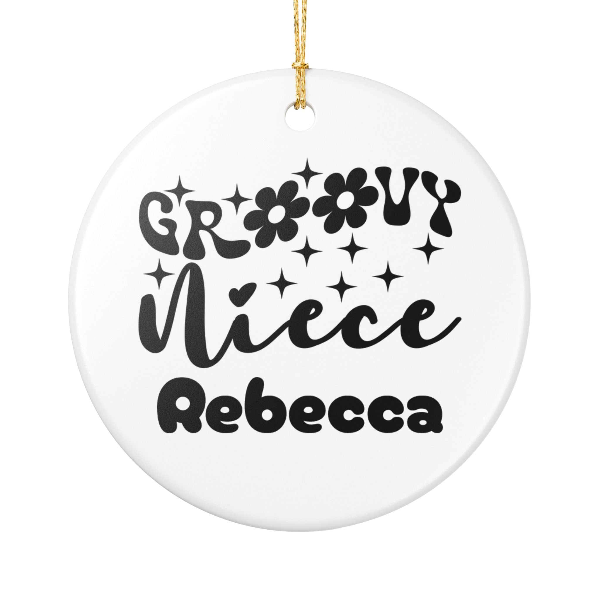 Groovy Niece personalised ceramic ornament with custom name in retro black typography with daisies