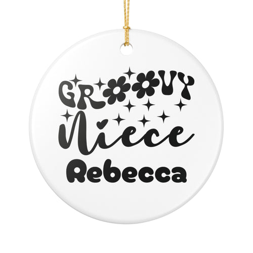 Groovy Niece personalised ceramic ornament with custom name in retro black typography with daisies