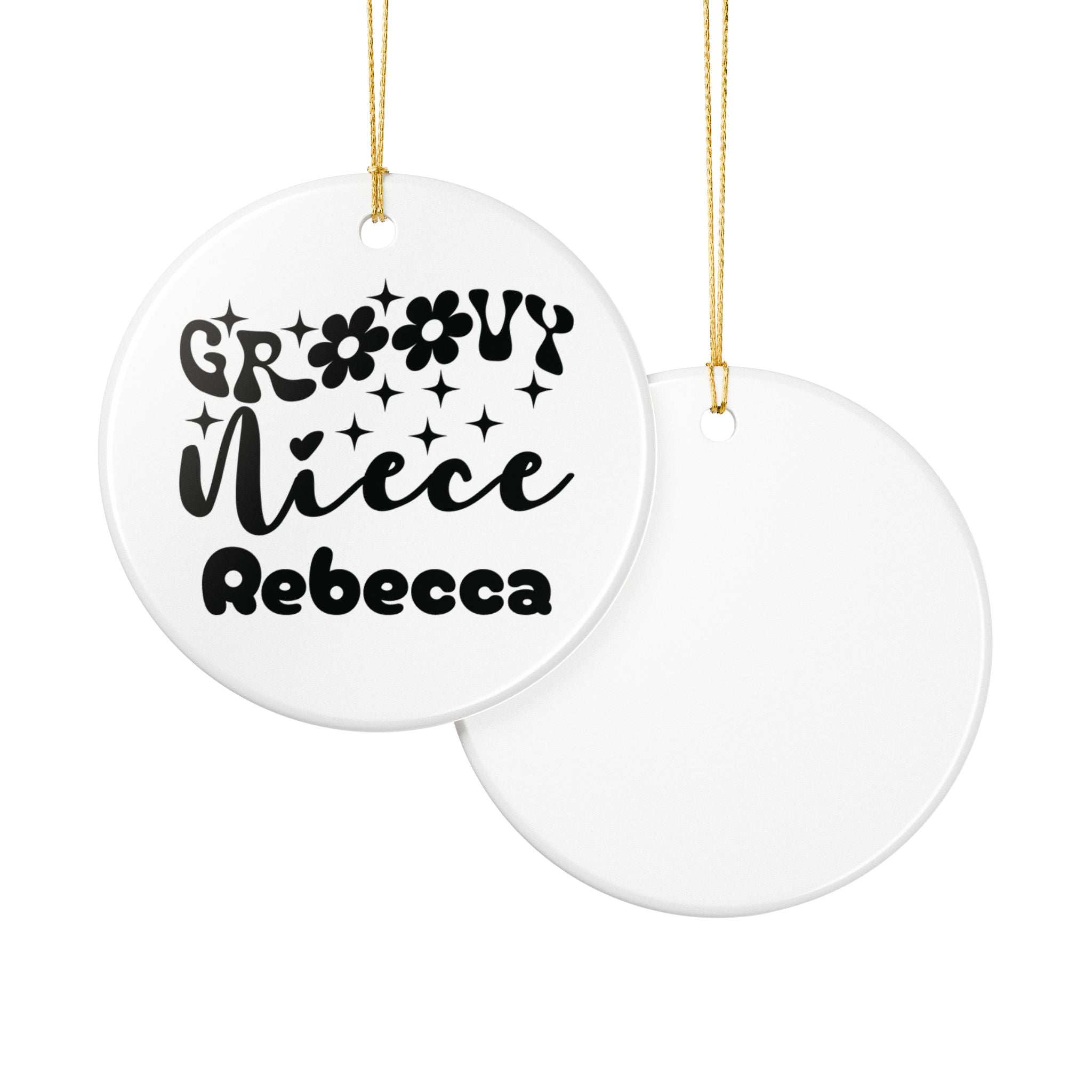 Groovy Niece ornament close-up — personalised retro keepsake gift with gold hanging string