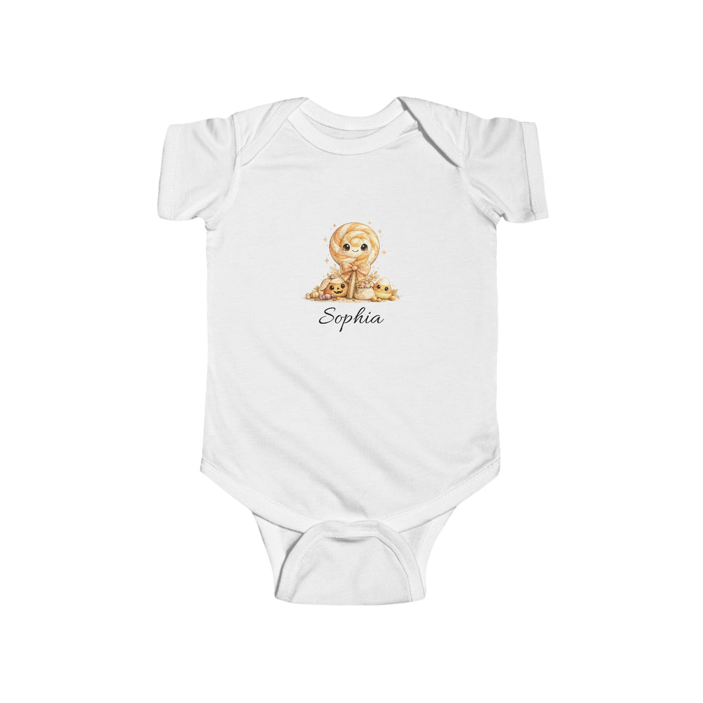 Personalised Halloween candy lollipop baby bodysuit with sparkles and custom name sweet baby gift