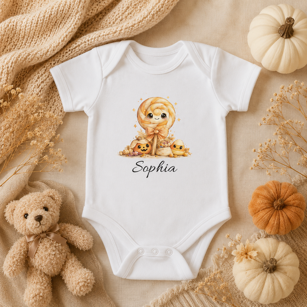 Halloween candy lollipop bodysuit spec sheet — sizes NB to 24M personalised sweet baby gift