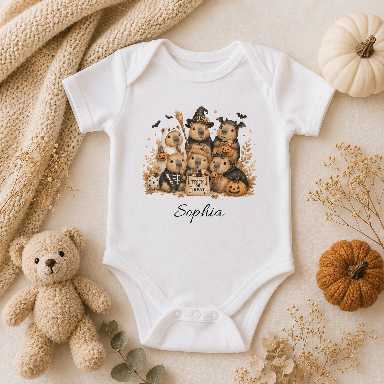 Halloween capybara autumn bodysuit spec sheet — sizes NB to 24M personalised baby gift