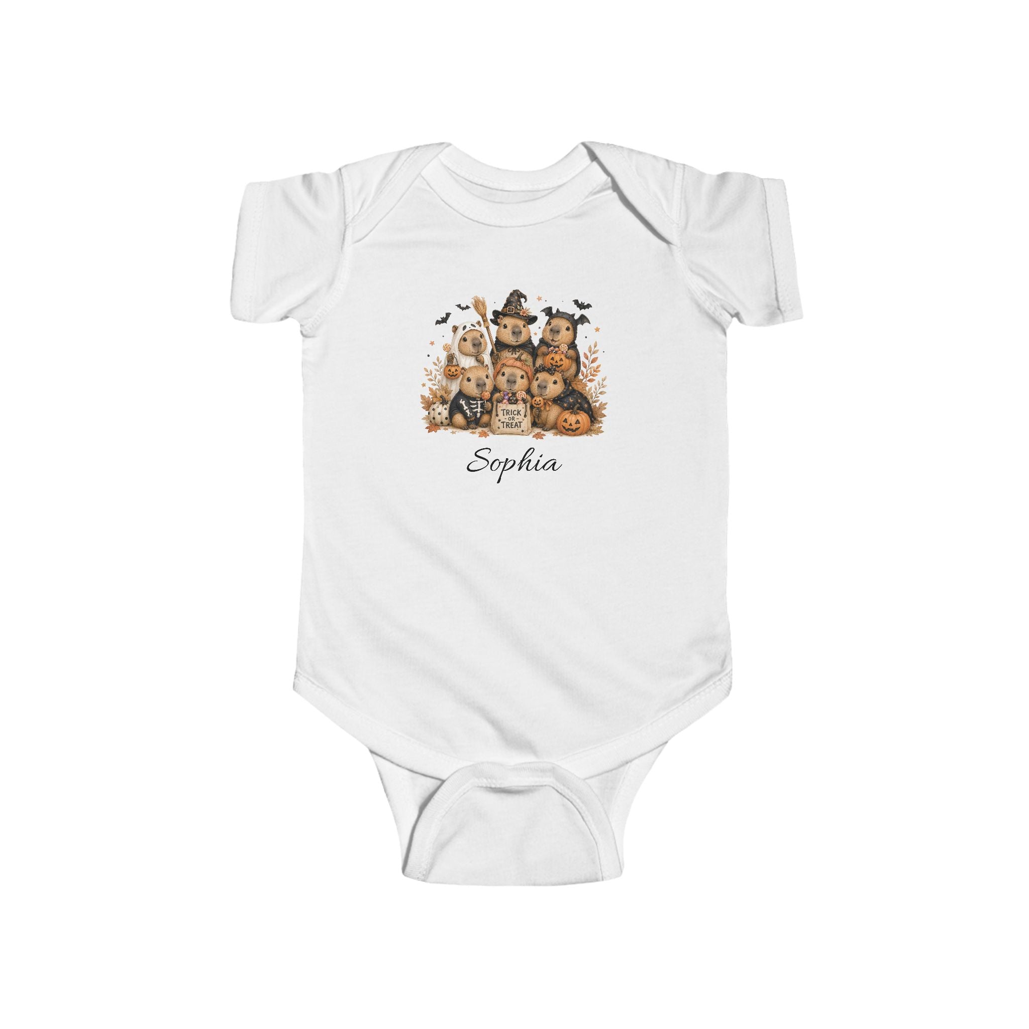 Personalised Halloween capybara trick or treat group baby bodysuit with autumn leaves and custom name