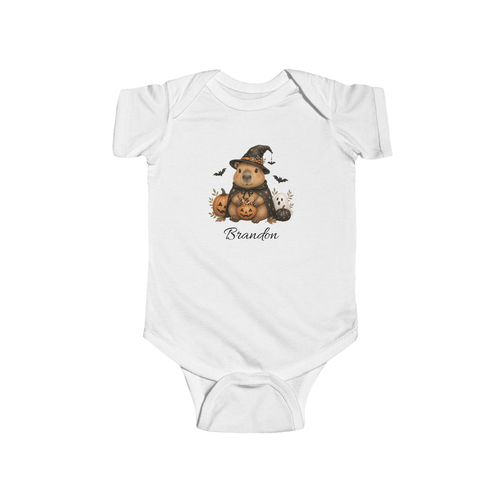 Personalised Halloween capybara witch baby bodysuit with pumpkins bats and custom name