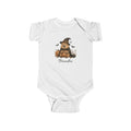 Personalised Halloween capybara witch baby bodysuit with pumpkins bats and custom name