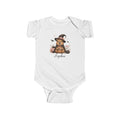 Personalised Halloween capybara witch girl baby bodysuit with pink pumpkins and custom name