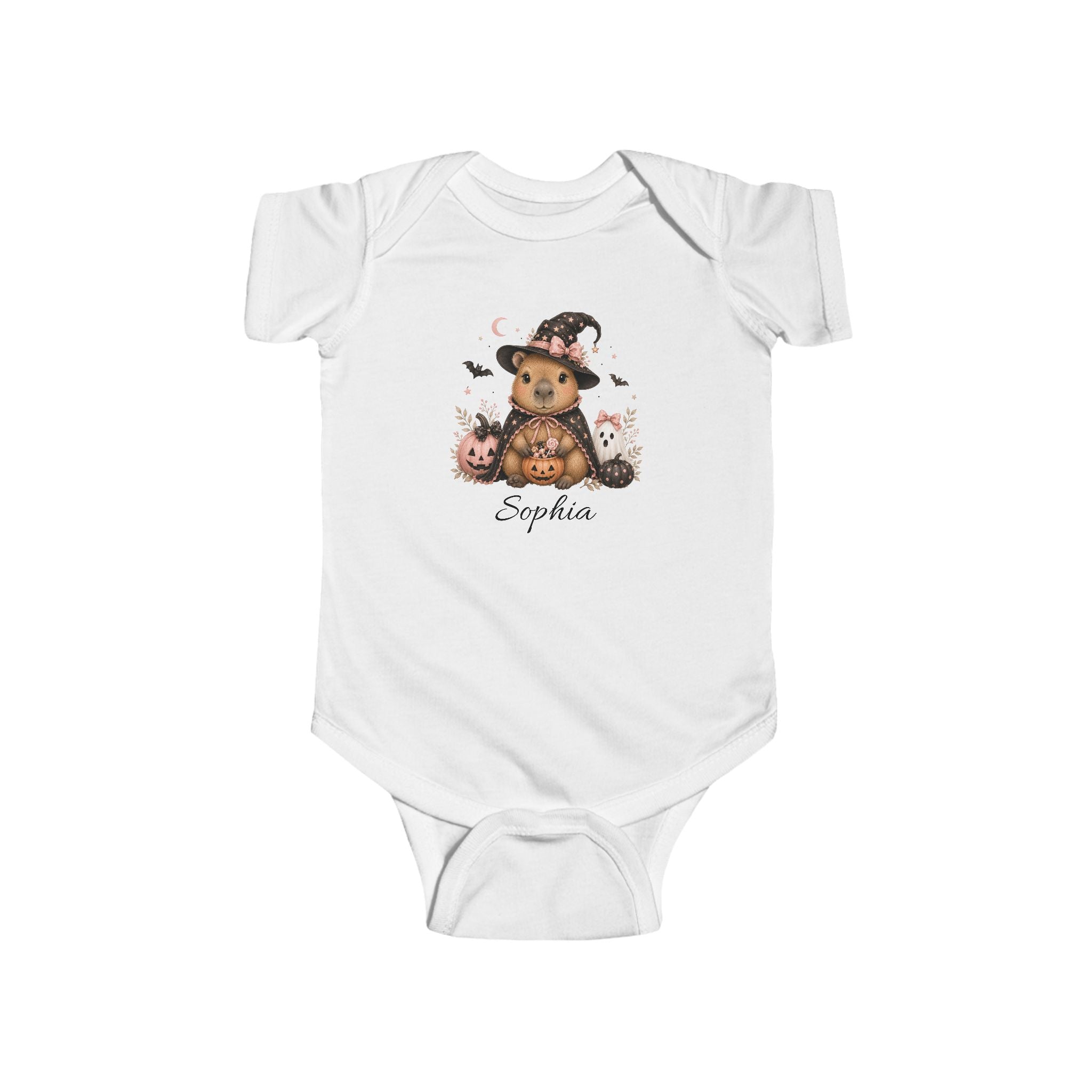 Personalised Halloween capybara witch girl baby bodysuit with pink pumpkins and custom name
