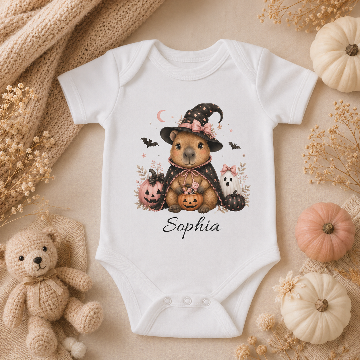 Halloween capybara witch girl bodysuit spec sheet — sizes NB to 24M personalised baby girl gift