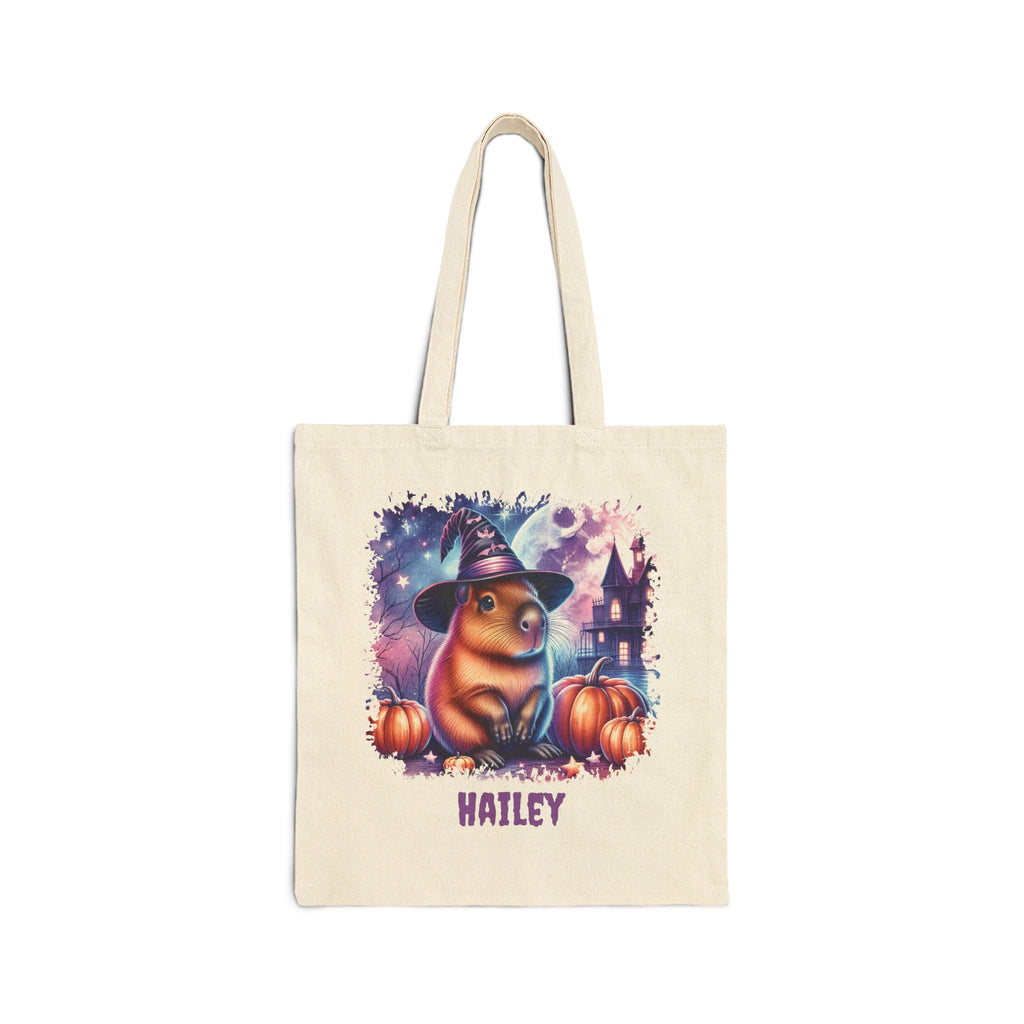 Personalised Halloween capybara witch watercolour tote bag with haunted house pumpkins and custom name
