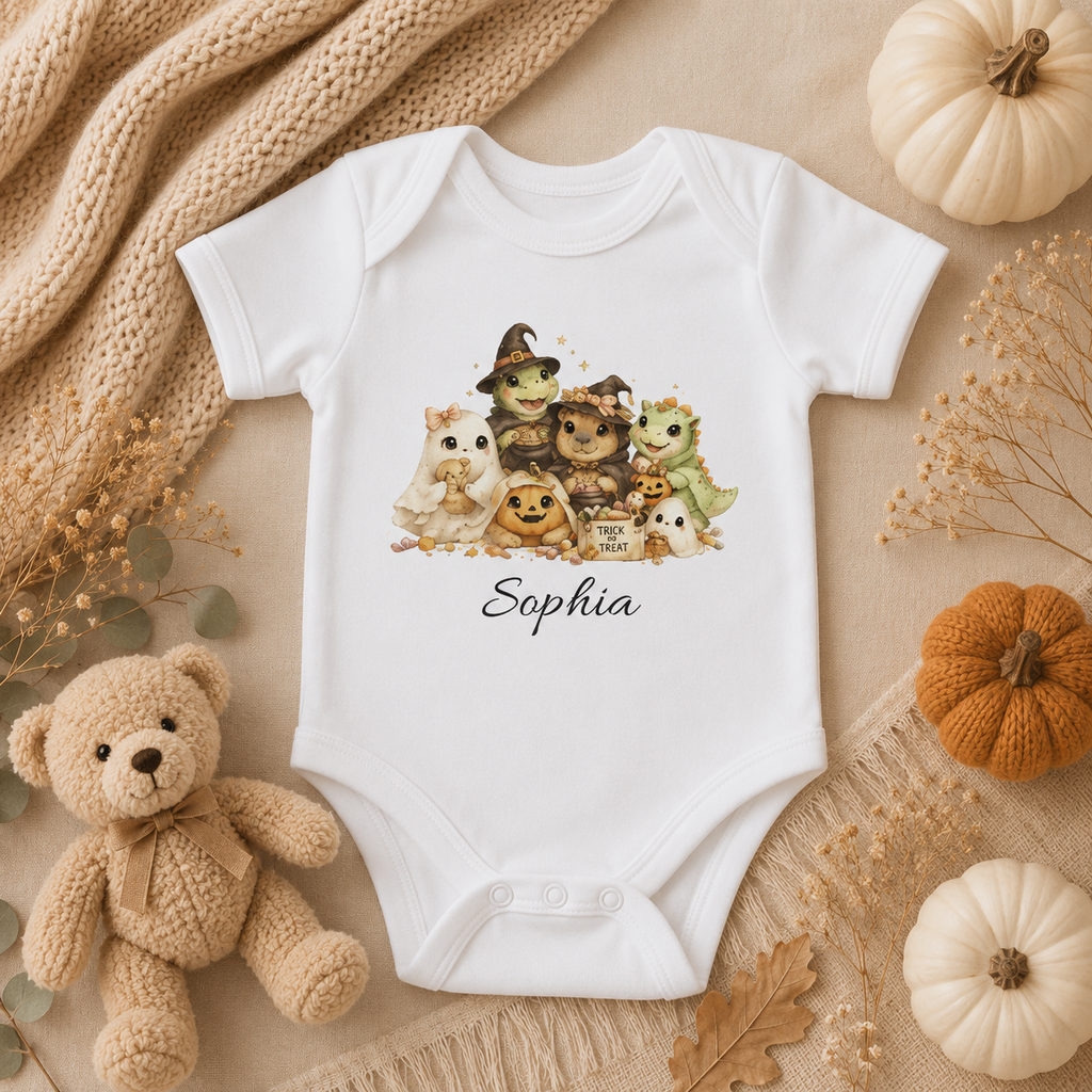 Halloween cute animals bodysuit infographic — soft cotton snap closure personalised baby outfit