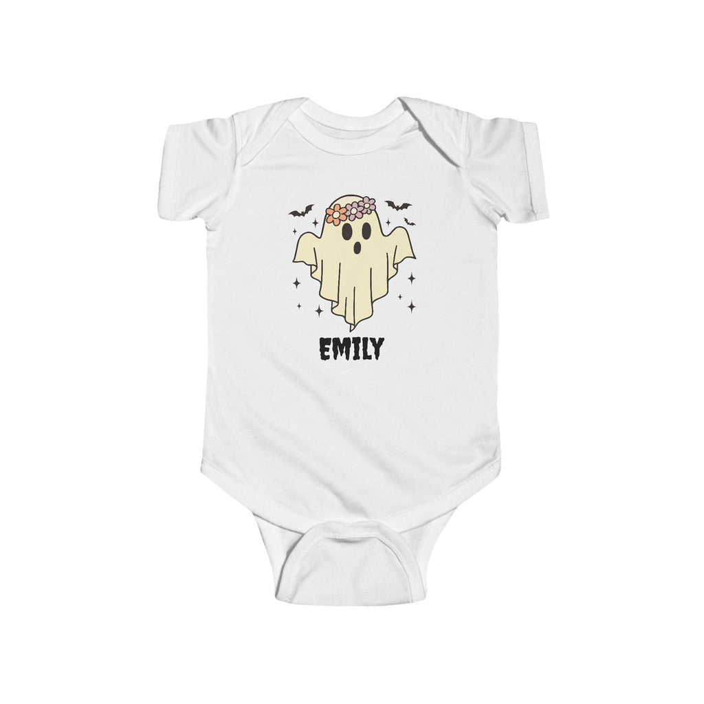 Personalised Halloween ghost baby bodysuit with bandana hat and custom name — white cotton infant onesie