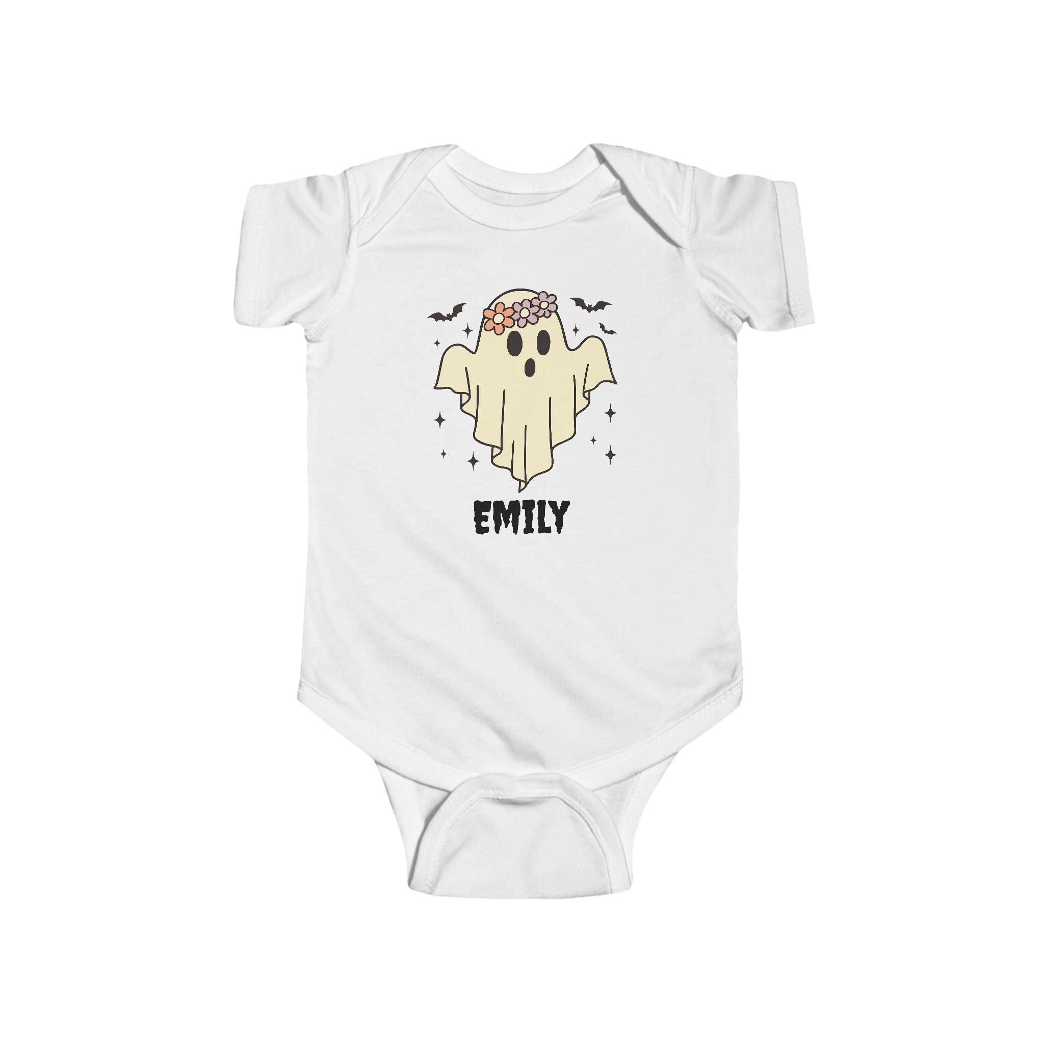 Personalised Halloween ghost baby bodysuit with bandana hat and custom name — white cotton infant onesie