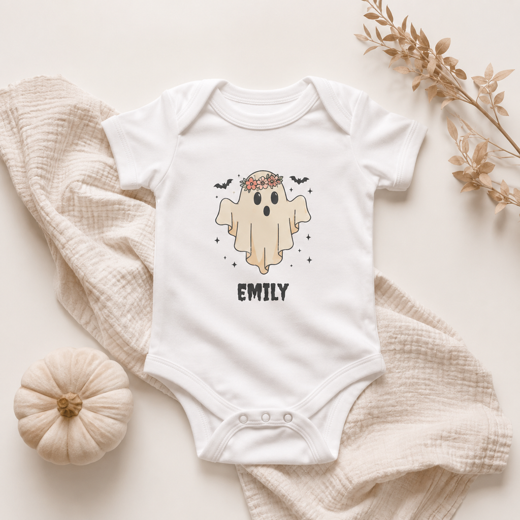 Halloween ghost baby bodysuit spec sheet — sizes NB to 24M personalised first Halloween gift