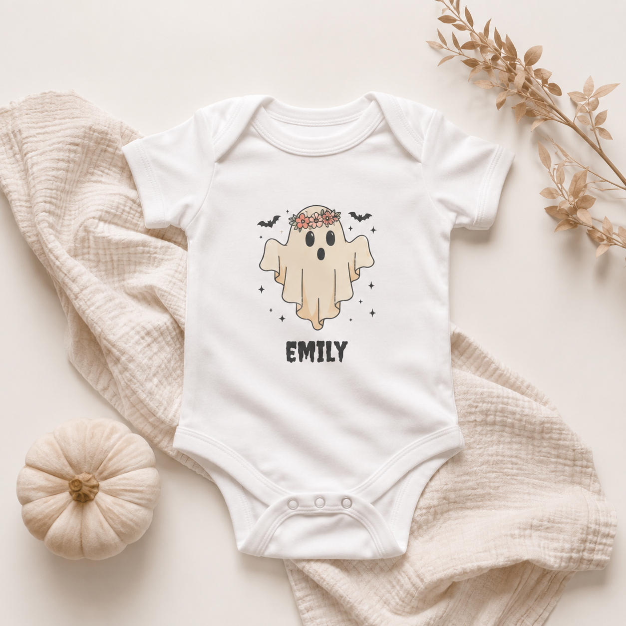 Halloween ghost baby bodysuit spec sheet — sizes NB to 24M personalised first Halloween gift