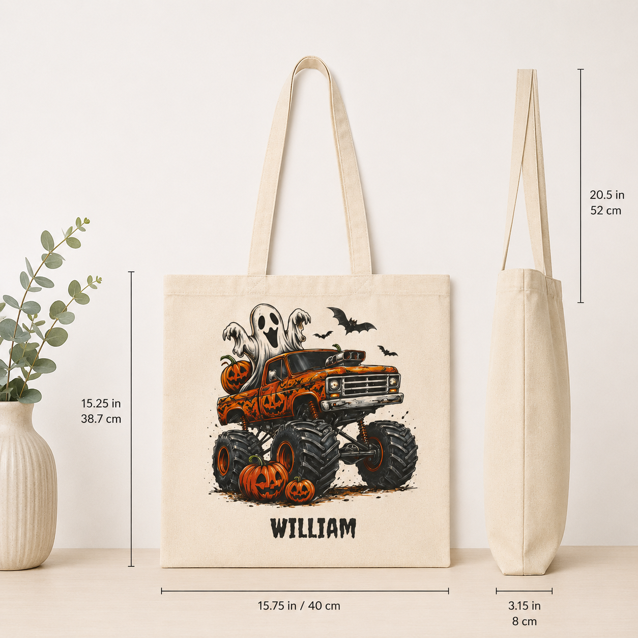Monster truck ghost tote bag infographic — 12oz cotton canvas personalised Halloween boys gift bag