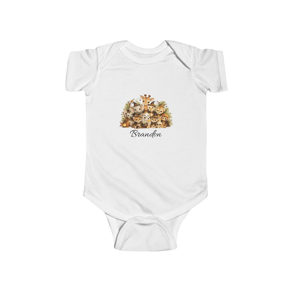 Personalised Halloween safari animals baby bodysuit with jungle characters in costumes and custom name