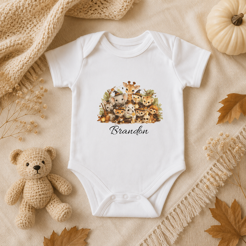 Halloween safari animals bodysuit spec sheet — sizes NB to 24M personalised baby gift