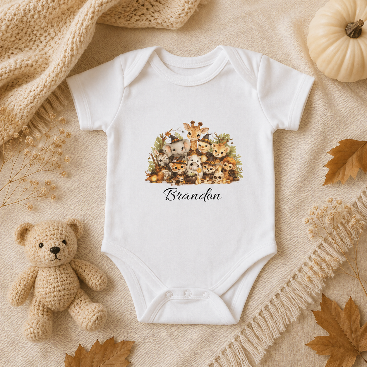 Halloween safari animals bodysuit spec sheet — sizes NB to 24M personalised baby gift