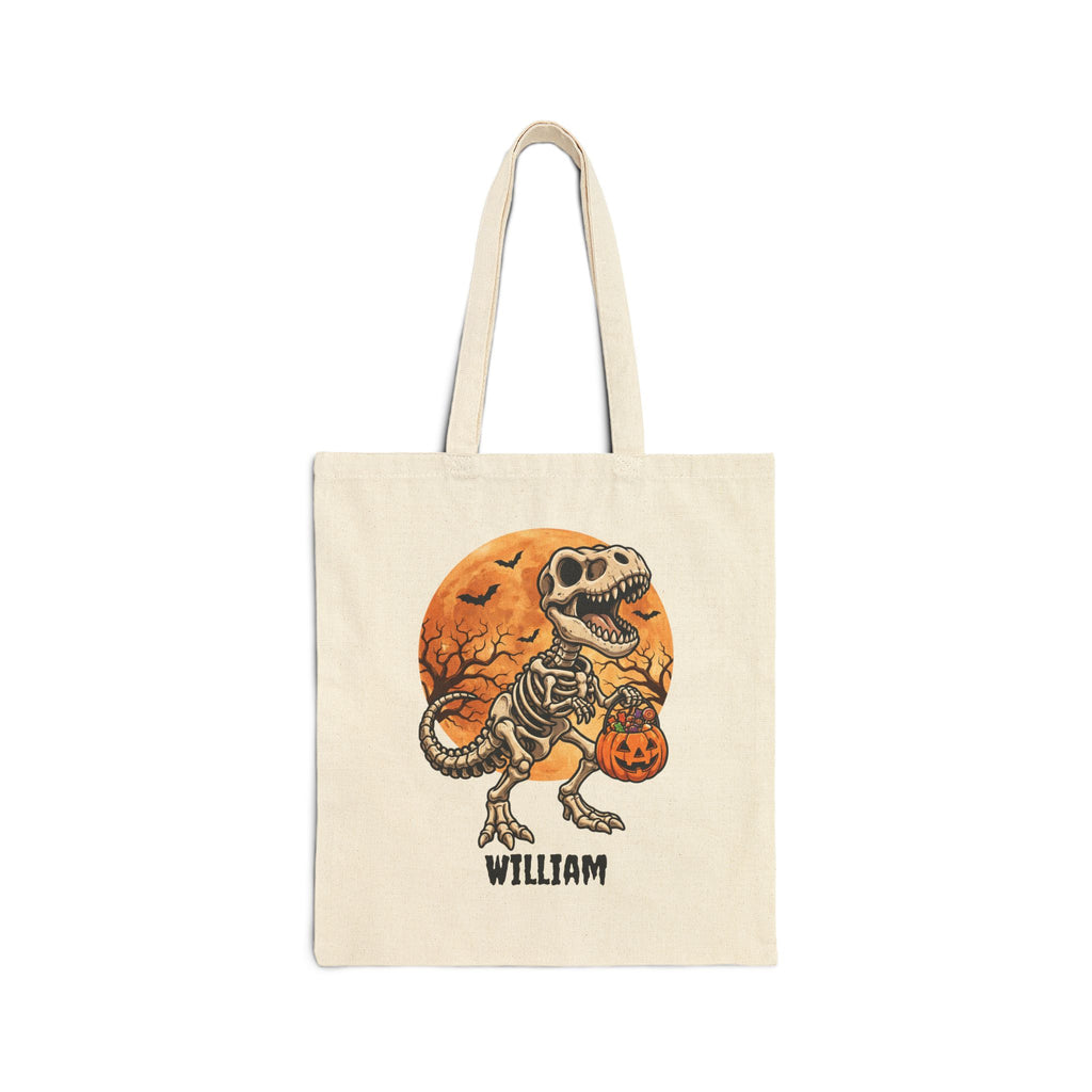 Personalised Halloween skeleton T-Rex full moon tote bag with bats pumpkin candy bucket and custom name