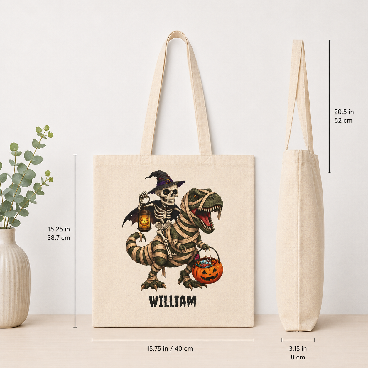 Skeleton T-Rex tote bag infographic — 12oz cotton canvas reinforced handles personalised Halloween boys gift